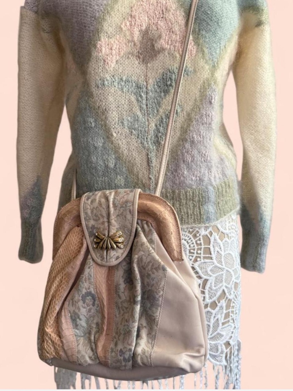 J.Renee Pastel Floral tapestry and genuine snakeskin patchwork crossbody purse